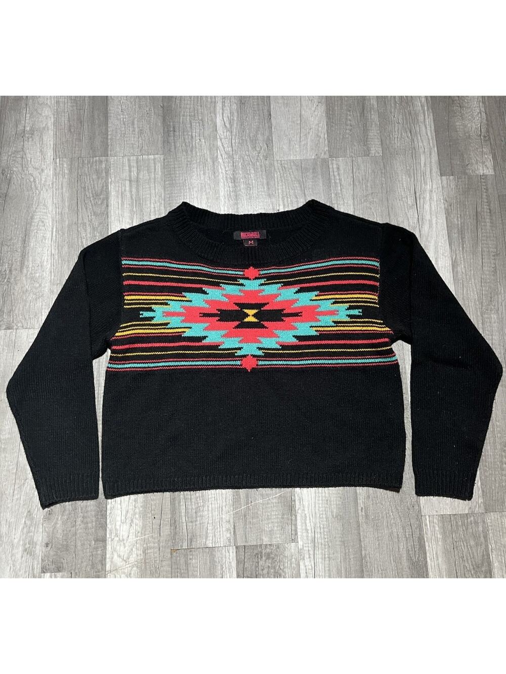 Rock and Roll Cowgirl Denim Cardigan Sweater Size Small Aztec Boarder